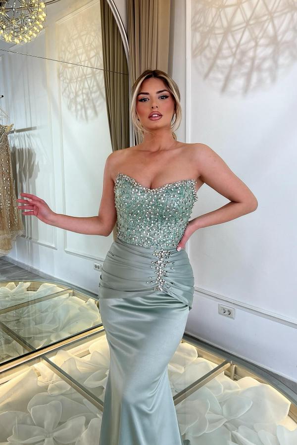 Strapless Ruched Satin Mermaid Prom Dress Sleeveless Beadings Party Gown