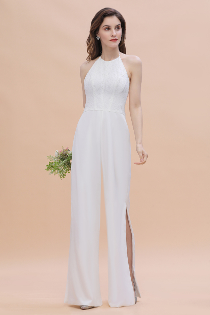 Halter Lace Long Bridesmaid Jumpsuit Side Slit Backless