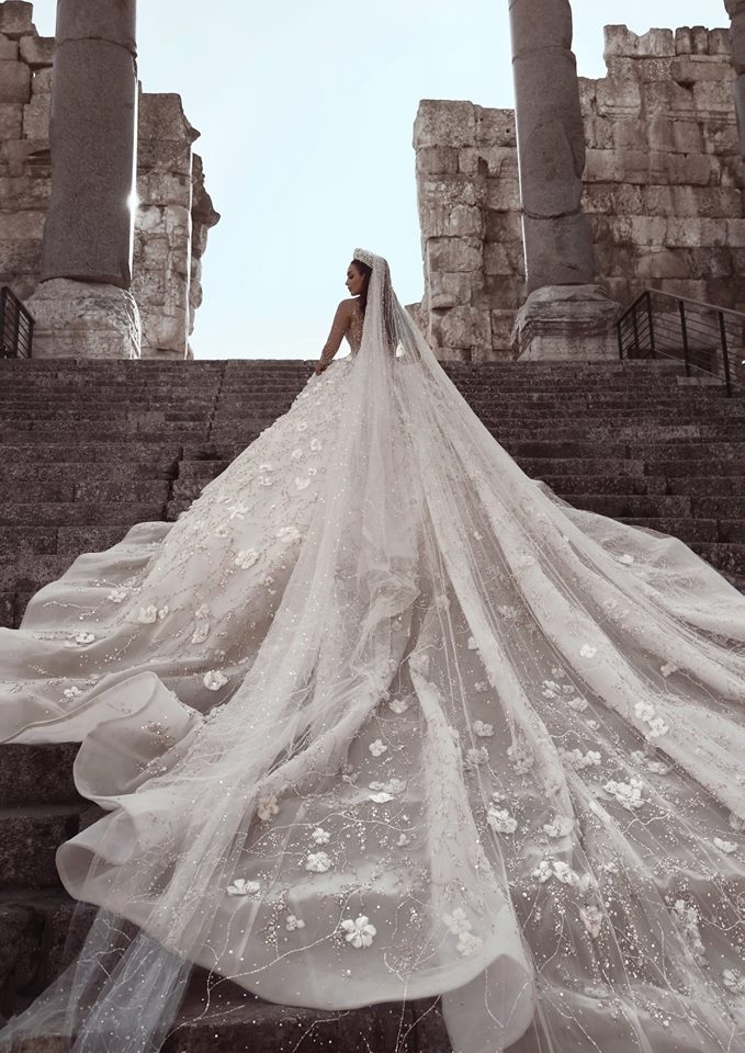 Glamorous Beads Floral Bridal Gowns Sheer Neck Long Sleeves Ball Gown Wedding Dresses UK