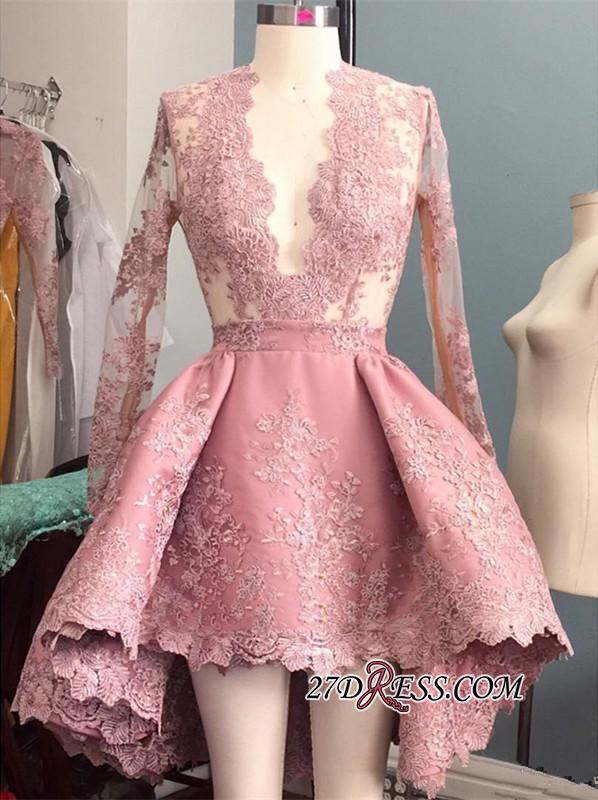 Pink Appliques Sexy Long-Sleeves V-Neck Hi-Lo Prom Dress UK