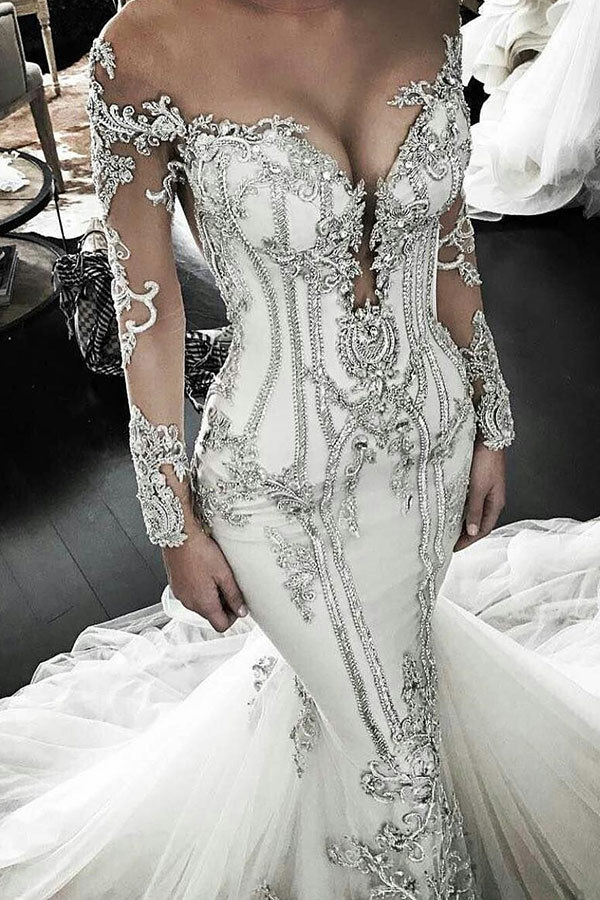 Vintage Appliques Sexy Mermaid Wedding Dresses UK Off-the-Shoulder Long Sleeves Bridal Gowns