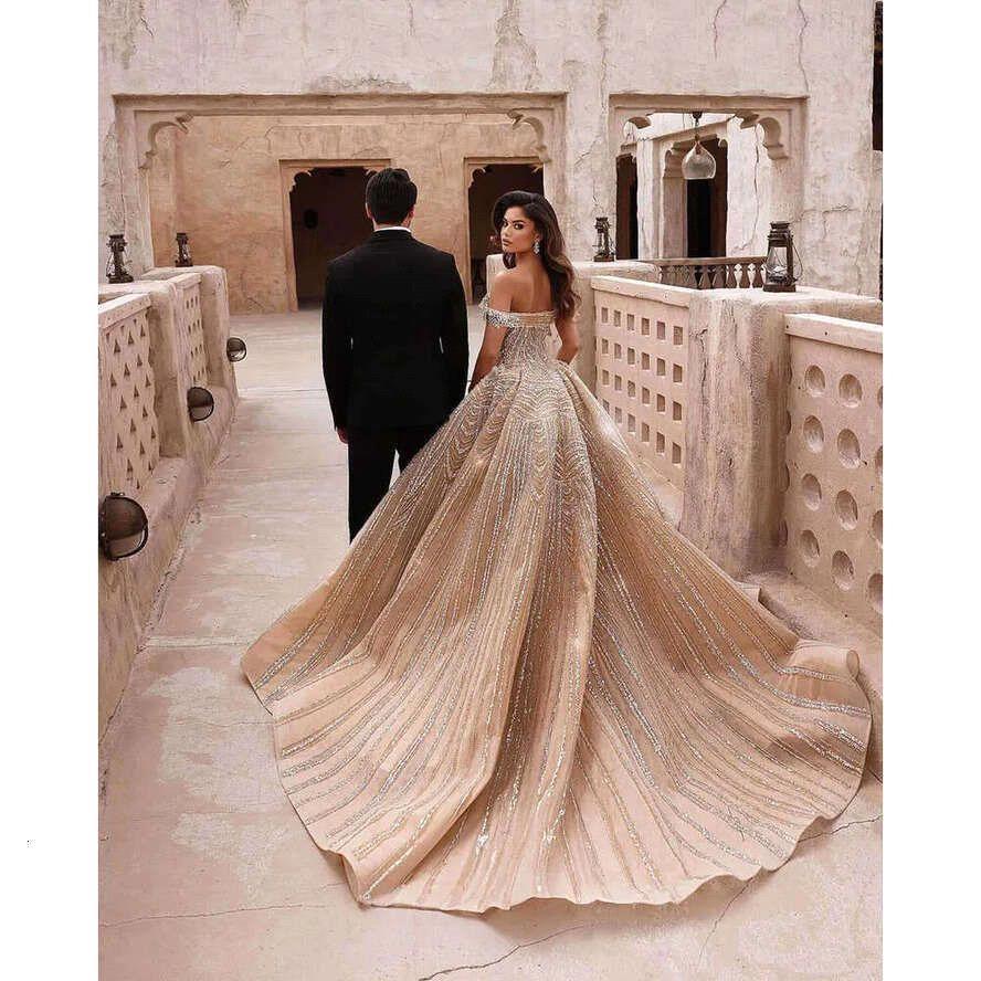 Gorgeous Off-the-Shoulder Crystal A-Line Wedding Dresses with Train