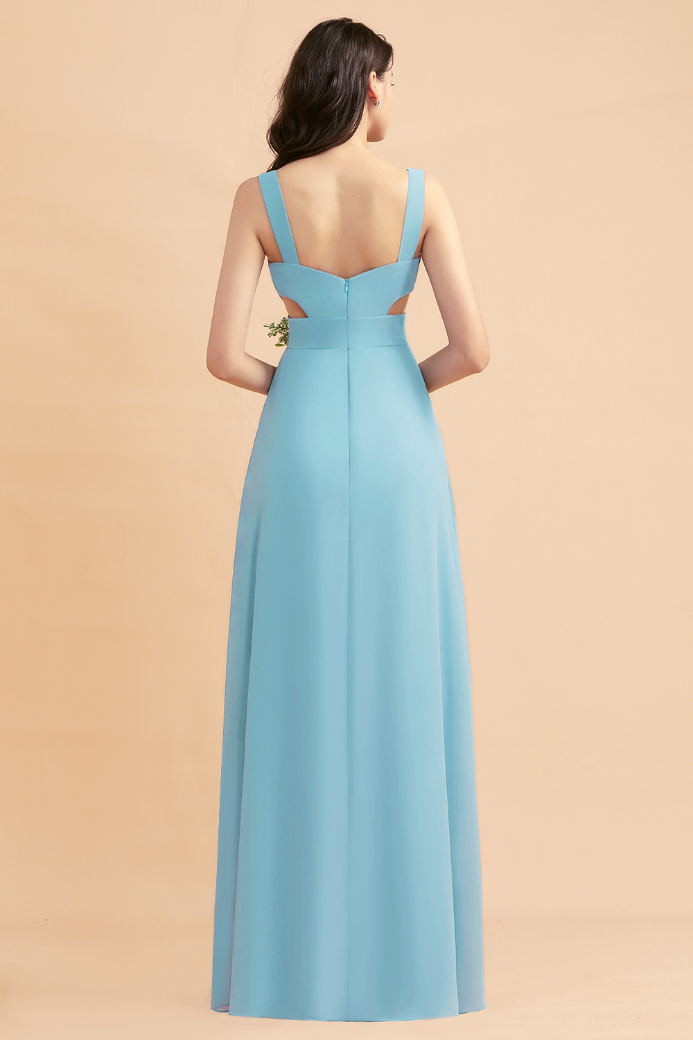 Dusty Blue Chiffon Bridesmaid Dress with Side Slit Long Wedding Guest Dress