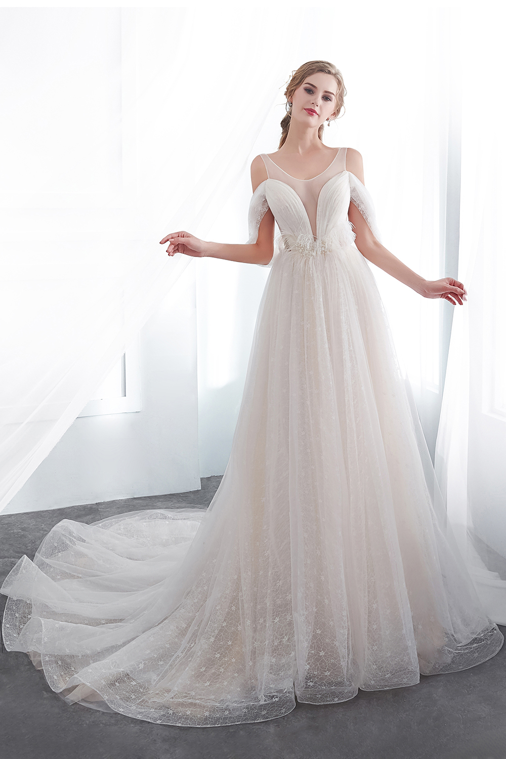 NANCY | A-line Sleeveless Floor Length Lace Ivory Wedding Dresses UK