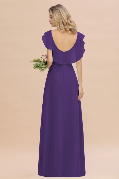 V-Neck A-line Bridesmaid Dress Chiffon Long Wedding Party Dress with Split