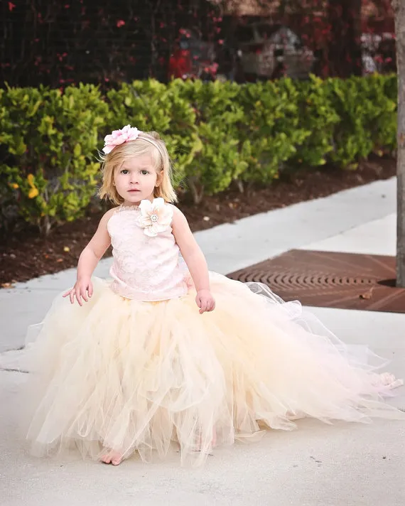 Lovely Sleeveless Tulle Flower Girl Dress With Long Train And Flowers
