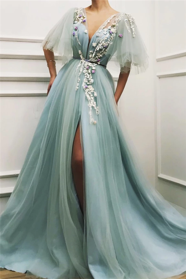 Sexy Deep V-Neck Sexy Slit Evening Dress UK | Short Sleeve Tulle Appliques Cheap Prom Dress