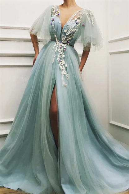 Sexy Deep V-Neck Sexy Slit Evening Dress UK | Short Sleeve Tulle Appliques Cheap Prom Dress