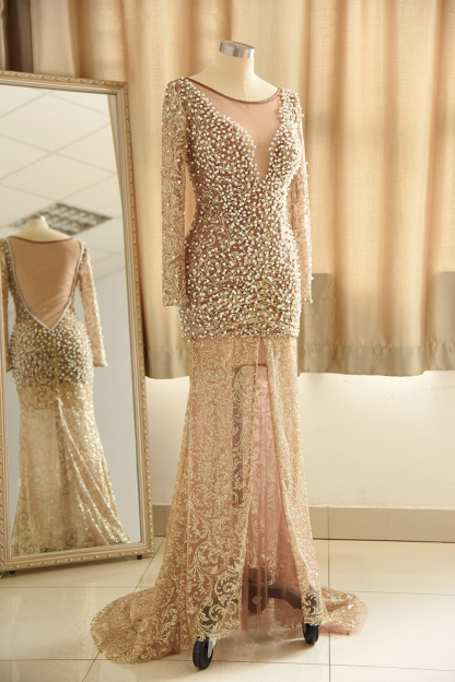 Glamorous Mermaid Long Sleeves Long Prom Dress with Pearls