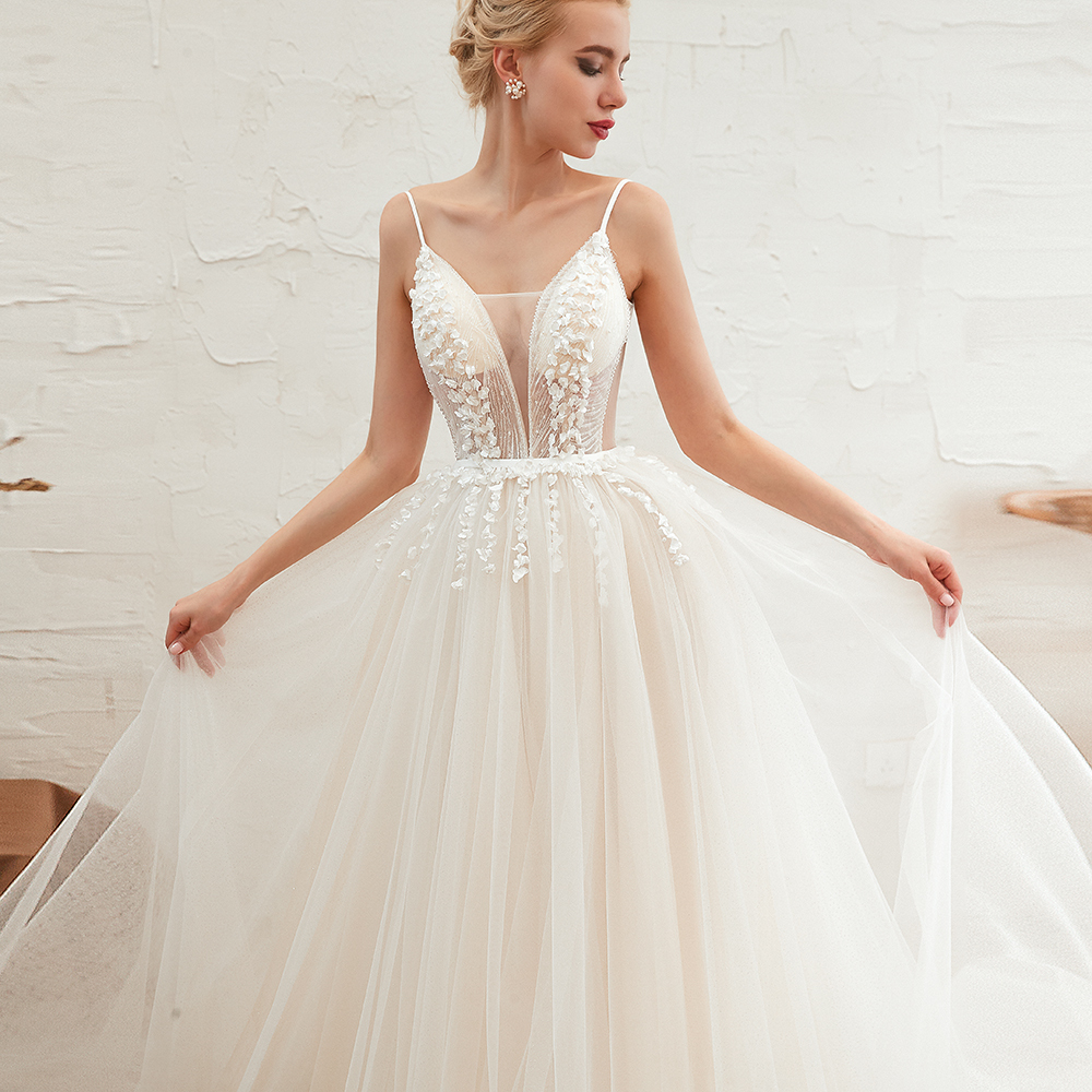 Spaghetti Straps Plunging V-neck Wedding Dress