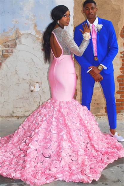 Simple Sweet Pink Floral Long-Sleeves Elegant Trumpt Backless Evening Gown