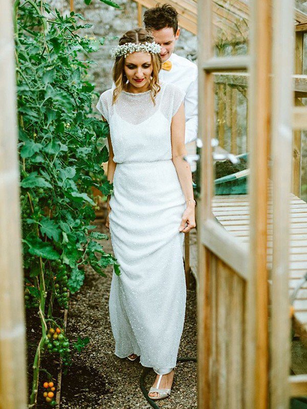 Scoop Neckline Floor-Length Sheath Ruffles Short Sleeves Wedding Dresses UK