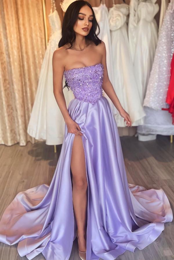 Chic Strapless Sequins Side Slit Evening Dress Lilac Satin Party Wear   27Dress.co.uk