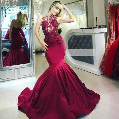 Burgundy Maroon Luxury Sheer Straps Applique Elegant Mermaid Prom Dress UKes UK UK