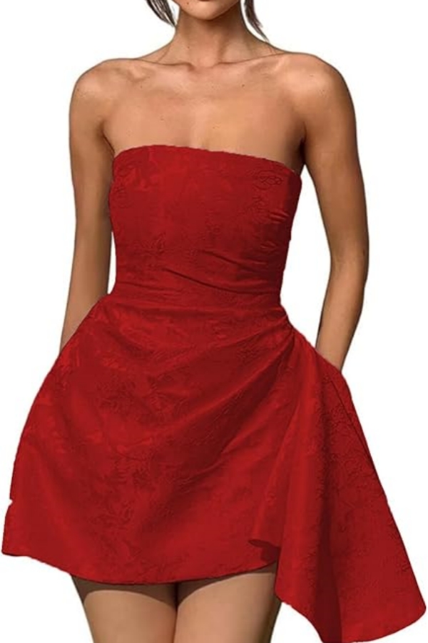 Strapless Ruched Satin Short Party Dress Sleeveless Knee Length Jacquard Homecoming Dress with Pocket
