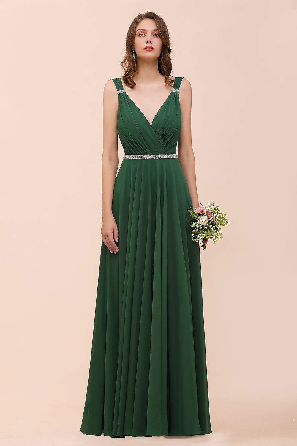 Elegant Ruffle Chiffon Bridesmaid Dress V-Neck Straps Evening Wear Dress for Bride