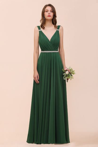 Elegant Ruffle Chiffon Bridesmaid Dress V-Neck Straps Evening Wear Dress for Bride
