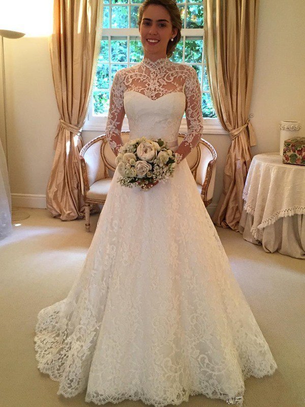 Lace High Neck Court Train Ball Gown Long Sleeves Wedding Dresses UK