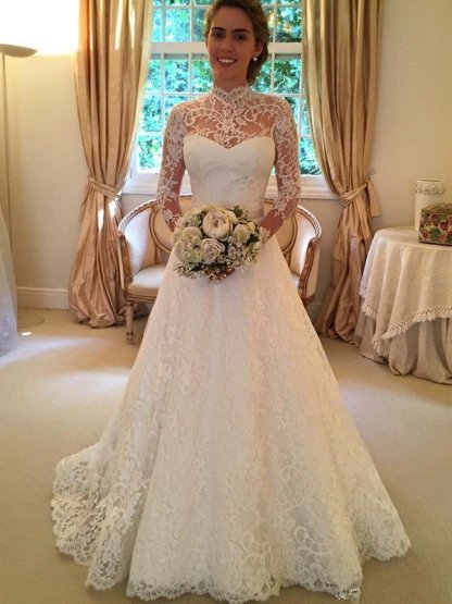 Lace High Neck Court Train Ball Gown Long Sleeves Wedding Dresses UK