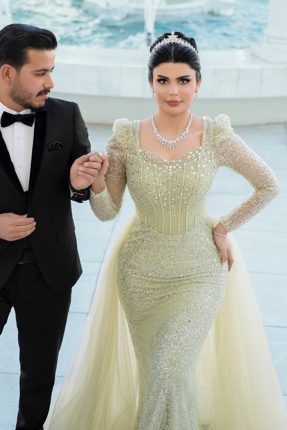 Square Neckline Tulle Sequins Long Sleeve Mermaid Wedding Dresses
