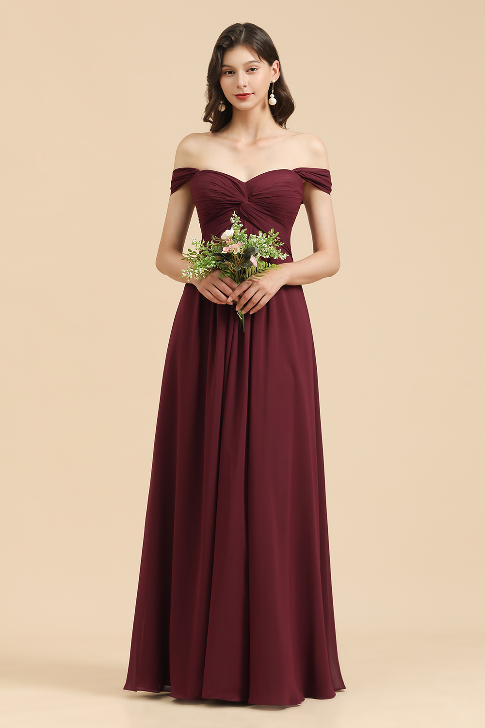 Off-the-Shoulder Ruched Chiffon Bridesmaid Dress Elegant Long Wedding Party Dress-27Dress.co.uk