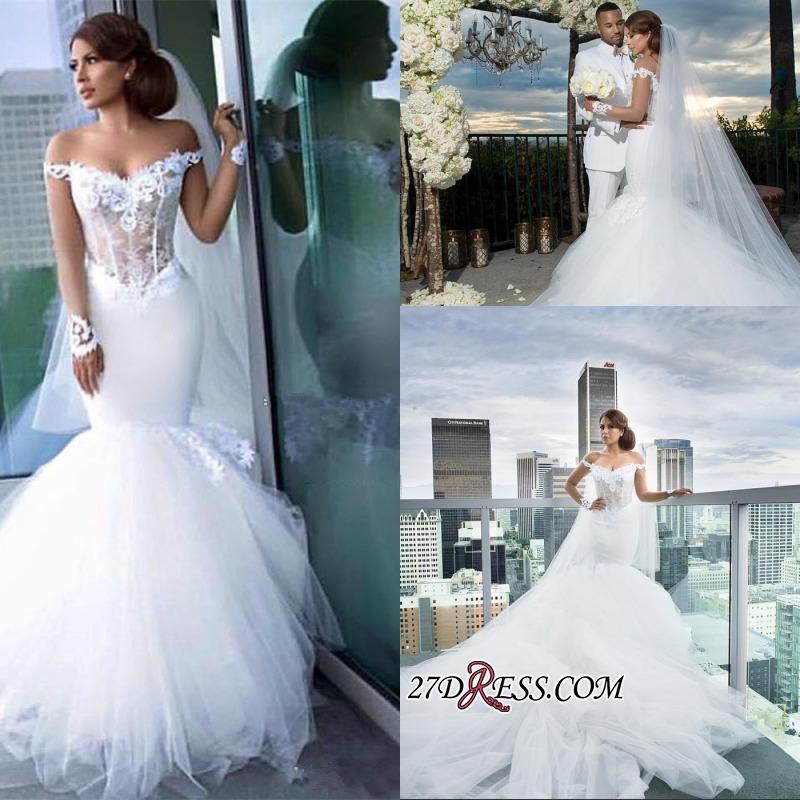 Tulle Long-Sleeves Off-the-Shoulder Appliques Sexy Mermaid Elegant Wedding Dress qq0158