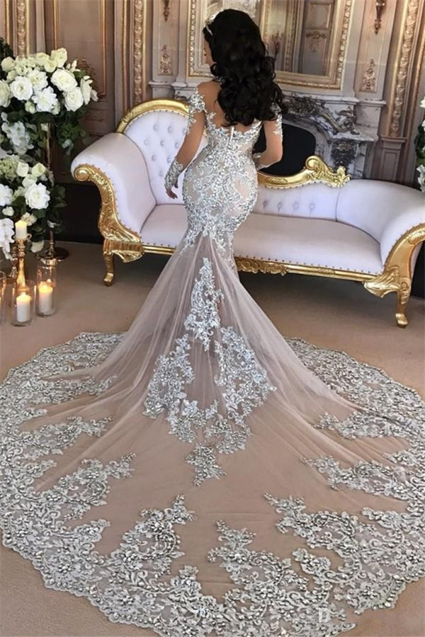 Silver Glamorous Lace Long-Sleeve Sexy Mermaid High-Neck Wedding Dresses UK BH-362-27Dress.co.uk