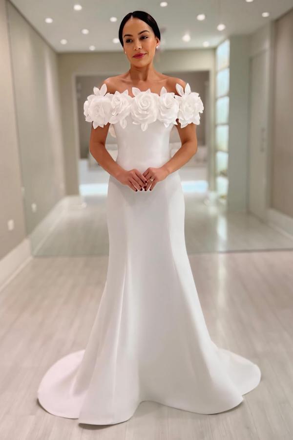 Elegant Mermaid Satin Wedding Dresses Off the Shoulder White Bridal Gowns with Flowers