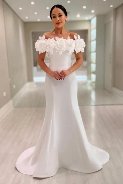 Elegant Mermaid Satin Wedding Dresses Off the Shoulder White Bridal Gowns with Flowers