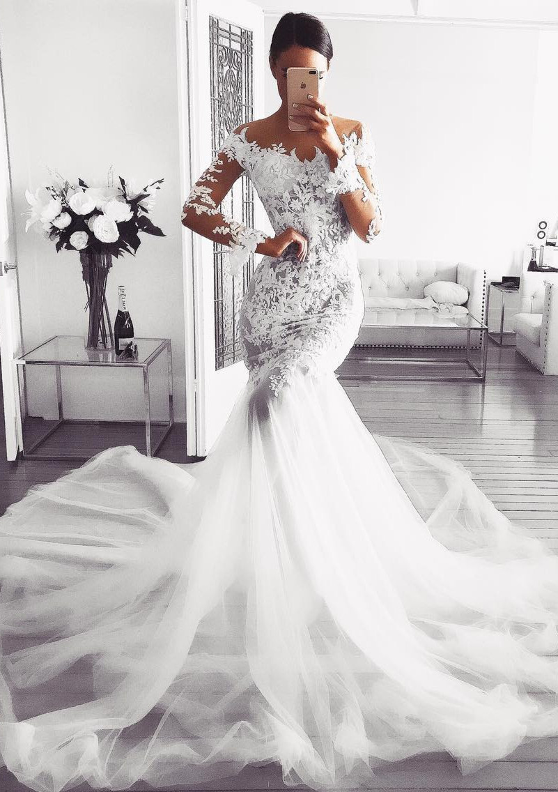 Elegant Long Sleeve Wedding Dress 2019 Lace Sexy Mermaid Bridal