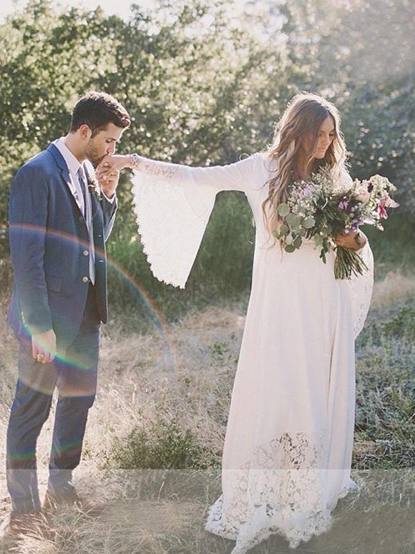 Floor-Length Lace A-Line Ribbon V-Neck Long Sleeves Wedding Dresses UK