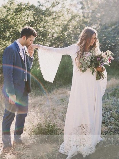 Floor-Length Lace A-Line Ribbon V-Neck Long Sleeves Wedding Dresses UK