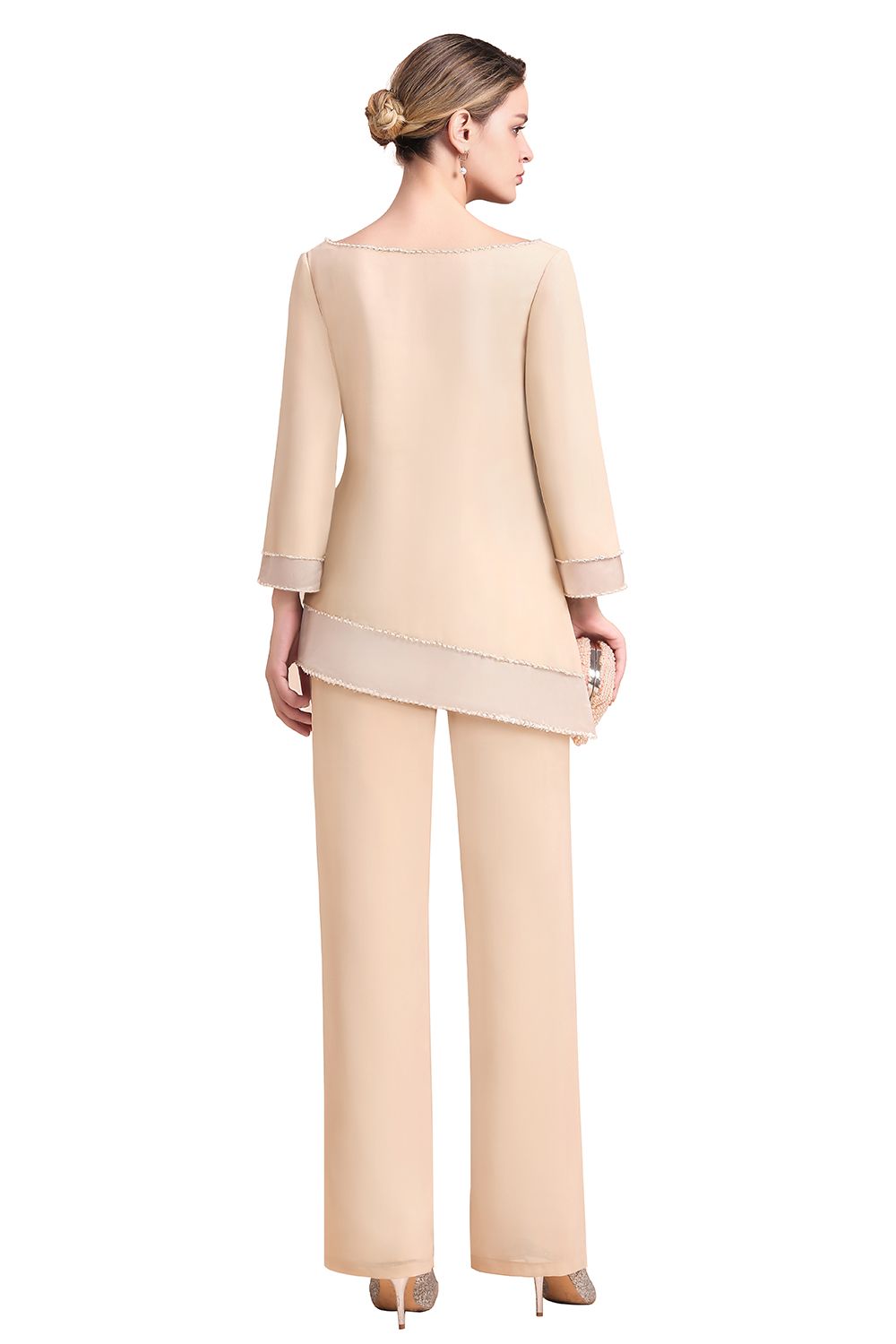 Round-Neck Champagne Chiffon Mother of Bride Jumpsuit for Wedding Guest