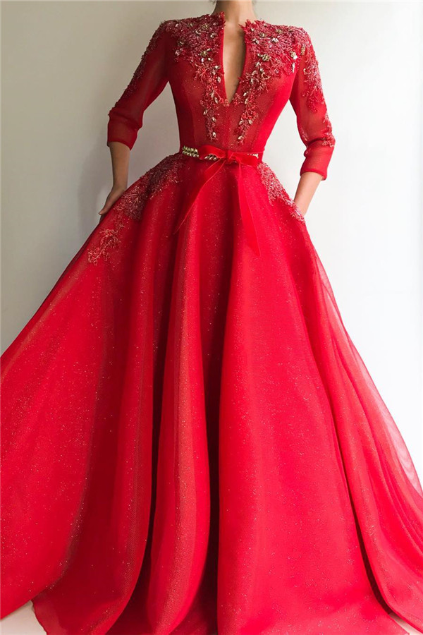 Sparkly Sequins Tulle V-Neck Red Evening Dress UK | Sexy Appliques Long Prom Dress Cheap