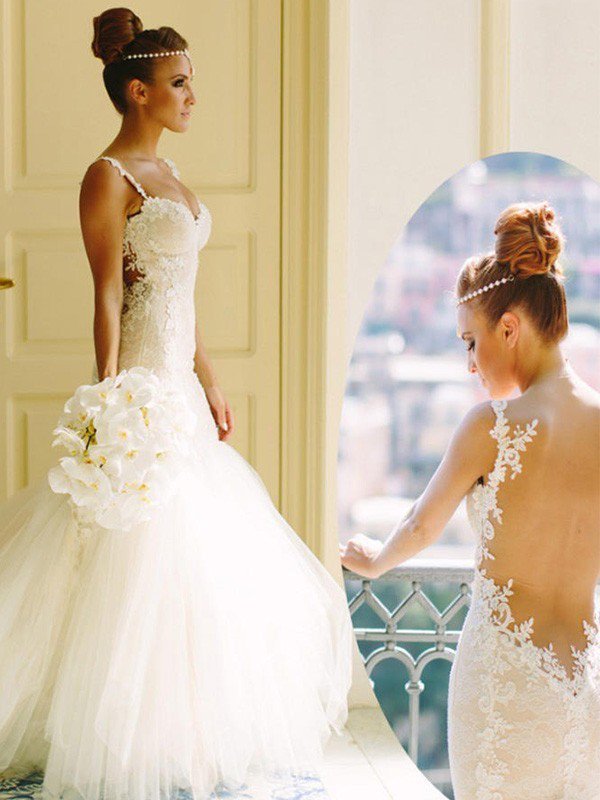 Court Train Applique Lace Sexy Mermaid Spaghetti Straps Tulle Sleeveless Sweetheart Wedding Dresses UK