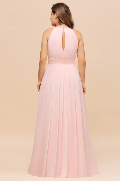 Halter Pink Plus Size Chiffon Bridesmaid Dress Keyhole Long Wedding Guest Dress