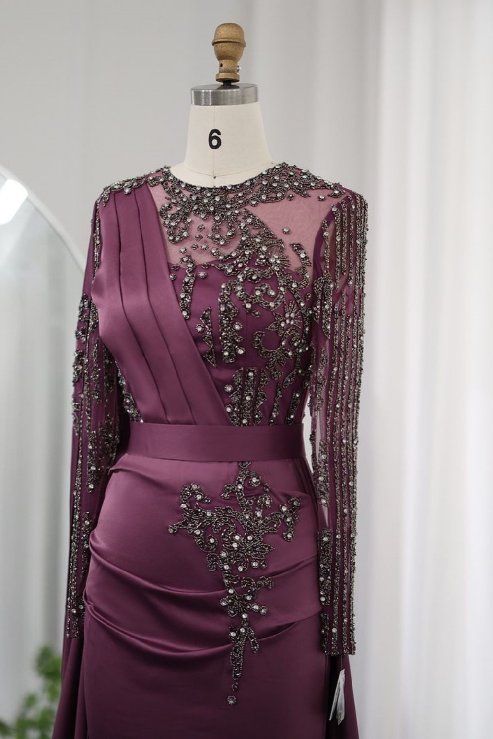 Glamorous Long Sleeves Crystals Satin Mermaid Evening Gowns with Side Cape