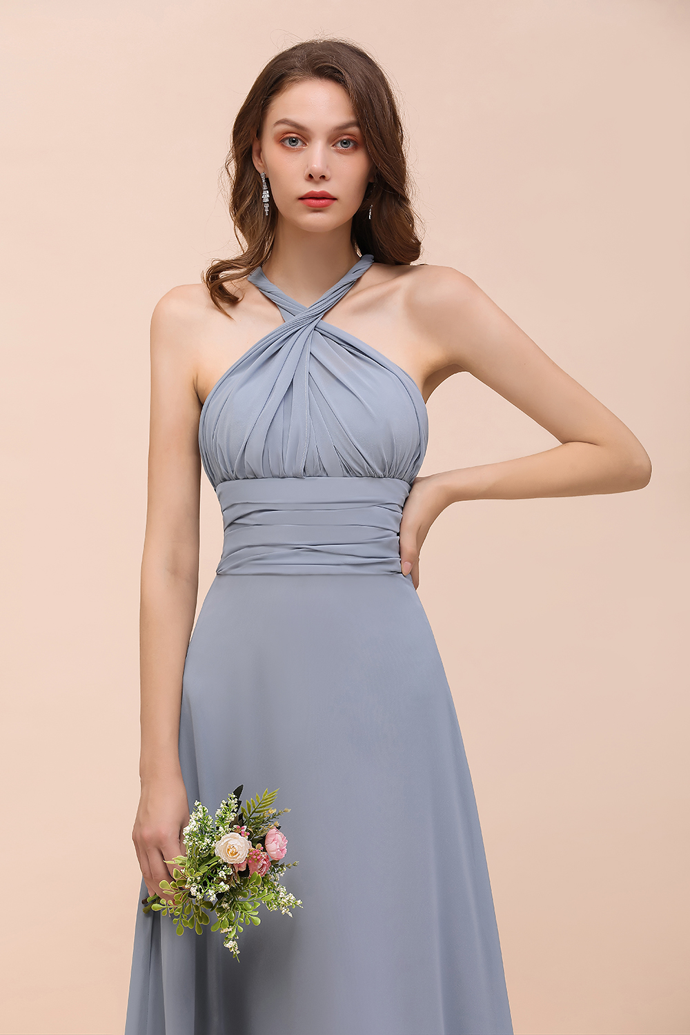 Elegant Dusty Blue Chiffon Long Bridesmaid Dress