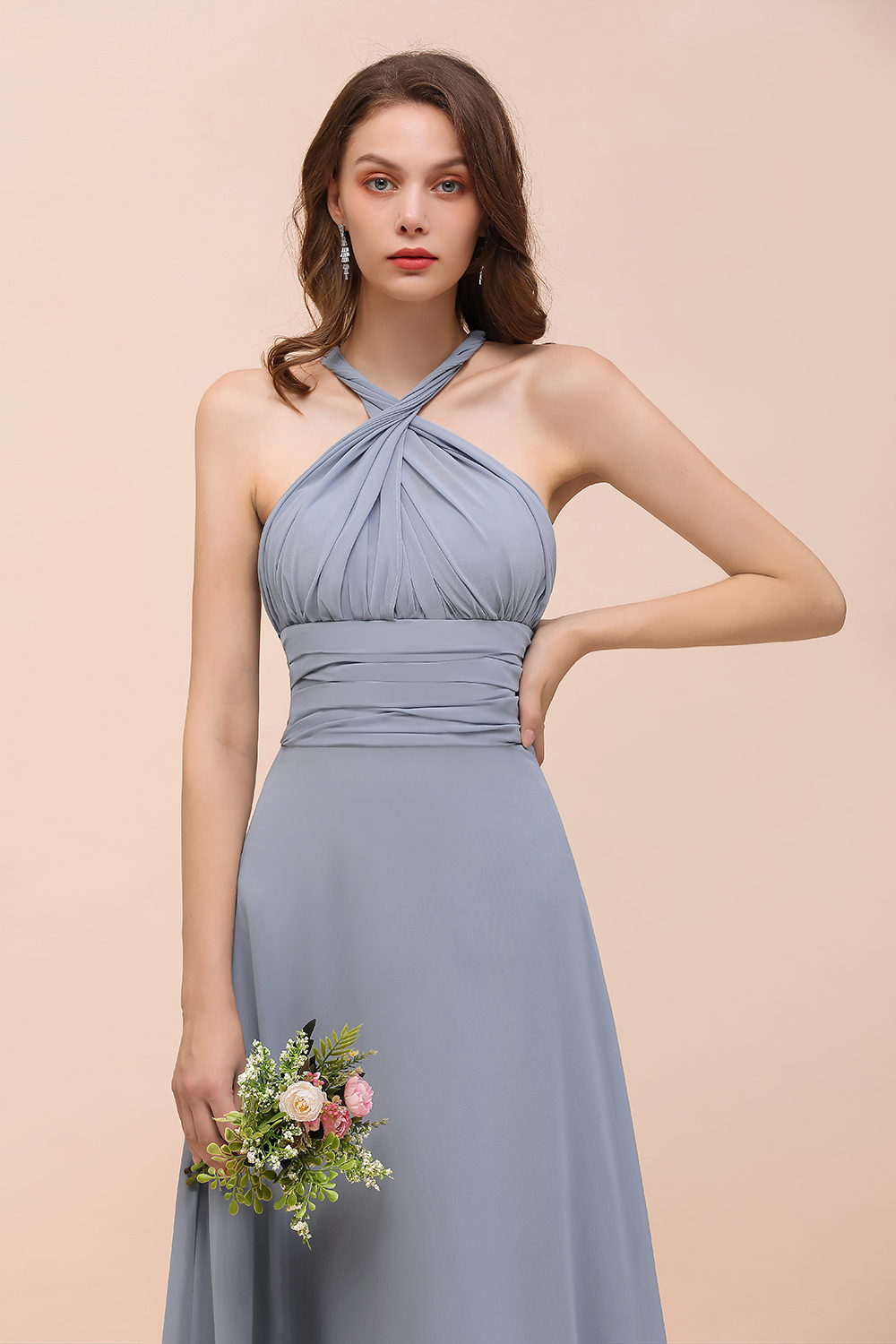 Elegant Dusty Blue Chiffon Long Bridesmaid Dress