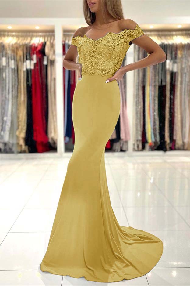 Mermaid Off the Shoulder Sleeveless Prom Dress Long With Lace Appliques