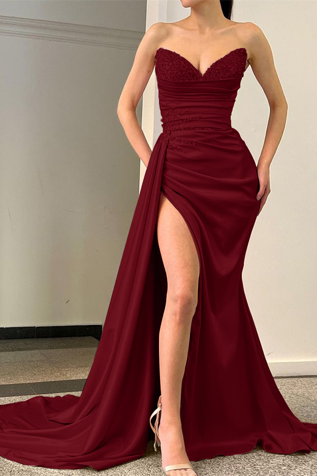 Charming Sequins Strapless Sleeveless Pleated Mermaid Long Prom Dress With Split