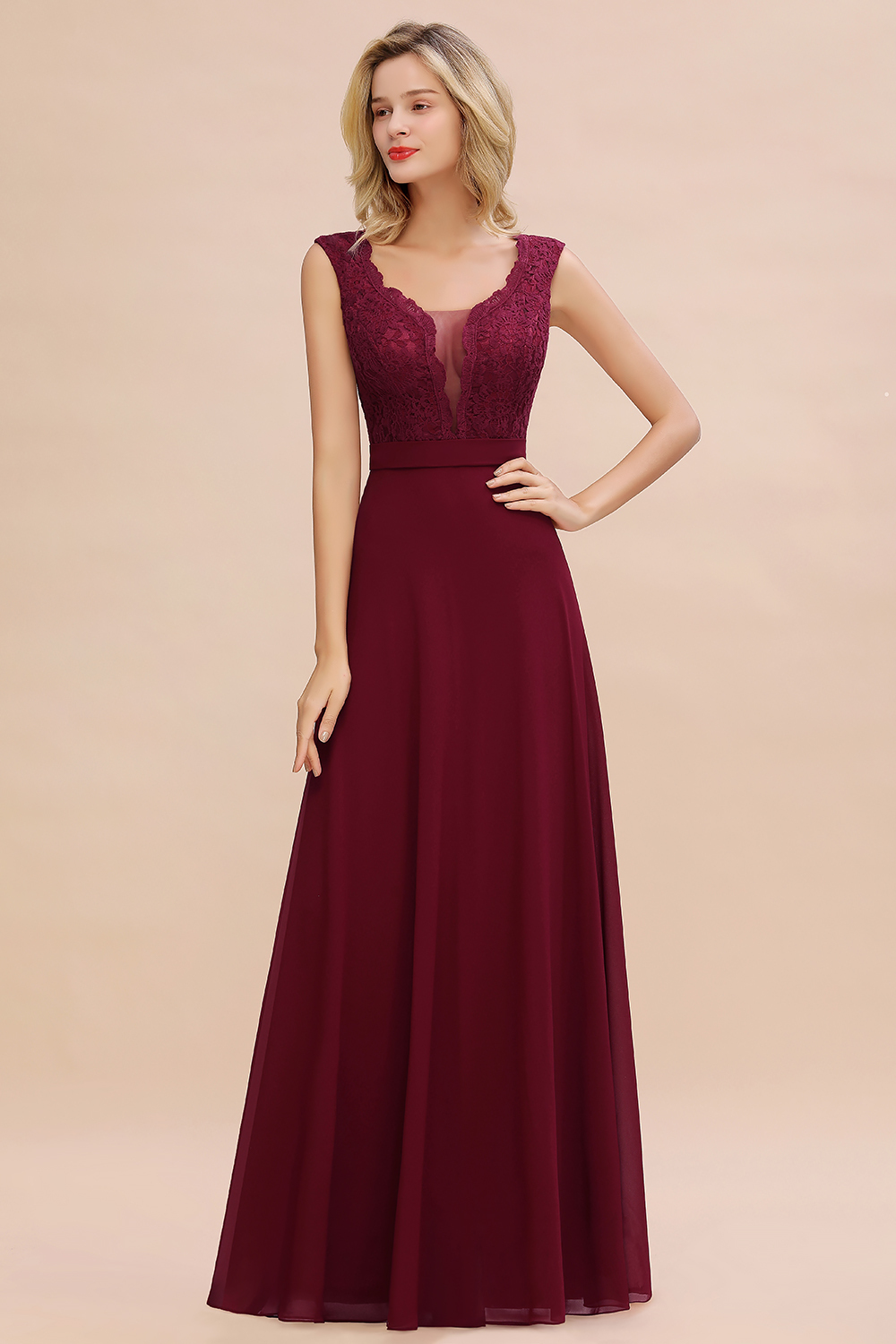 Elegant Burgundy Lace Chiffon Bridesmaid Dress Sleeveless Long Wedding Guest Dress