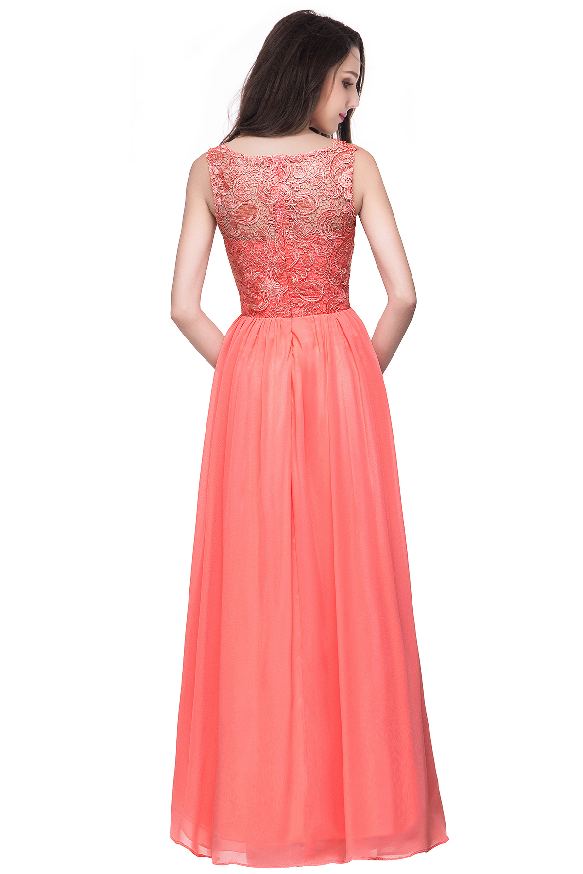 Modest Scoop Neck Floral Lace Formal Dress Floor Length Chiffon Bridesmaid Dress