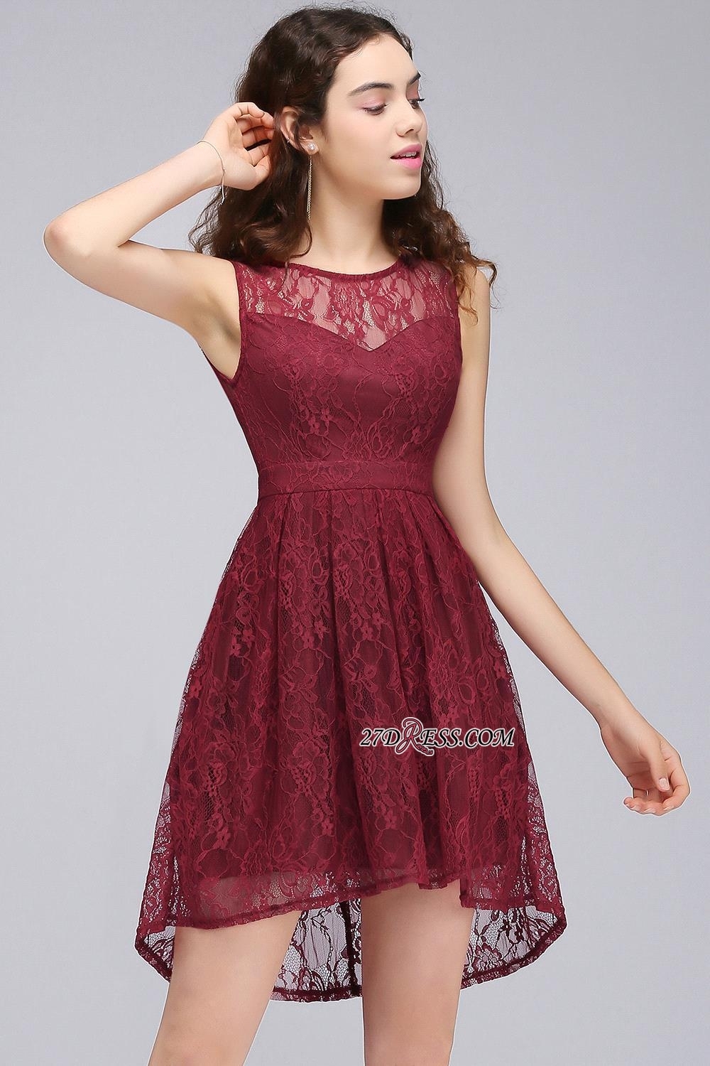 Burgundy Illusion Sleeveless A-line Lace Homecoming Dress UK