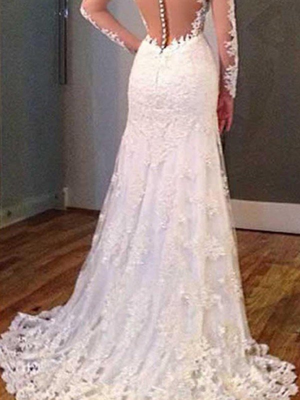 V-Neck Sweep Train Applique Lace Sexy Mermaid Long Sleeves Wedding Dresses UK-27Dress.co.uk