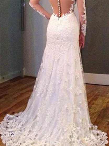 V-Neck Sweep Train Applique Lace Sexy Mermaid Long Sleeves Wedding Dresses UK-27Dress.co.uk