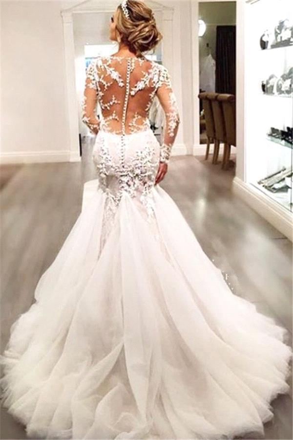 Elegant Long Sleeve Lace Wedding Dress Tulle Sexy Mermaid Zipper Button Back