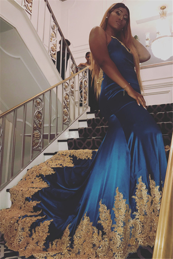 Elegant Royal Blue Lace Appliques Open-Back Evening Dress UKes UK | Spaghetti-Straps Sleeveless Elegant Trumpt Prom Dress UKes UK UK
