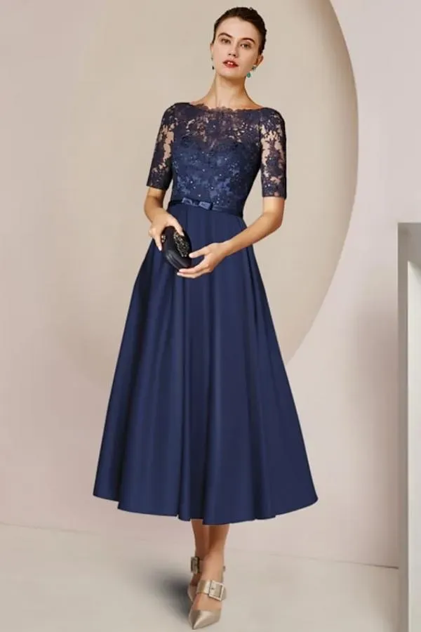 1/2 sleeves navy Ankle A-line Evening Dresses Mother of the Bride Dress