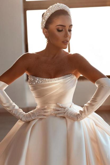 Classy Beaded Ruched Satin Bridal Gown Strapless Princess Wedding Dress